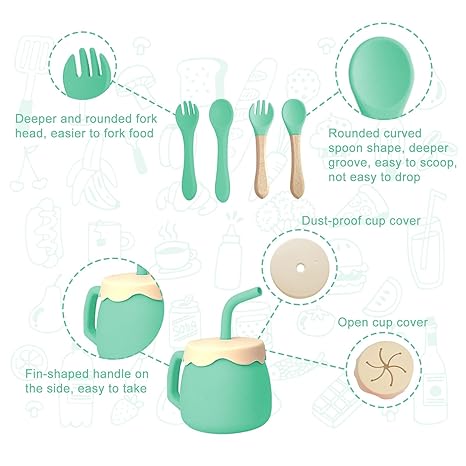 Mint Green Baby Silicone Tableware Set: Safe and Soft, Helping Babies Eat Easily