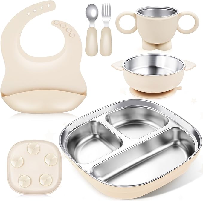 Infant and Toddler Stainless Steel Silicone Tableware Set: Safe Meal Partitioning, Aiding Baby's Self - Feeding