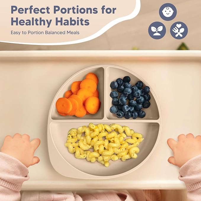 Beige Three - Compartment Silicone Plate: Safe, Slip - Resistant and Easy to Clean, Aiding Babies in Healthy Meal Partitioning
