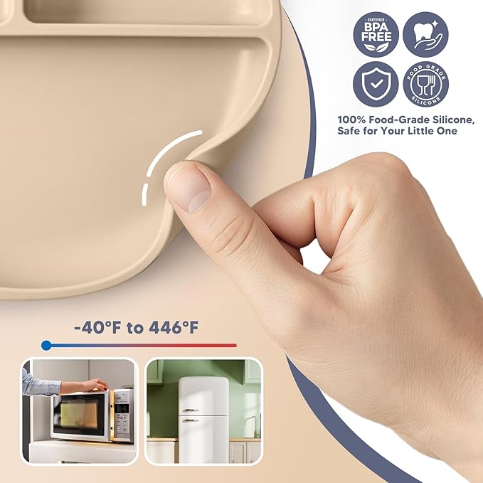 Beige Three - Compartment Silicone Plate: Safe, Slip - Resistant and Easy to Clean, Aiding Babies in Healthy Meal Partitioning
