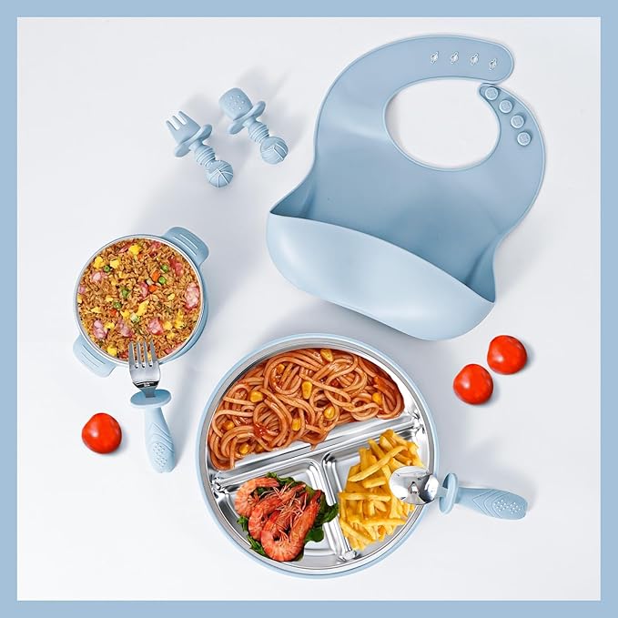 Light Blue Baby Silicone Tableware Set: Safe and Slip - Resistant, Helping Babies Enjoy Meals Happily