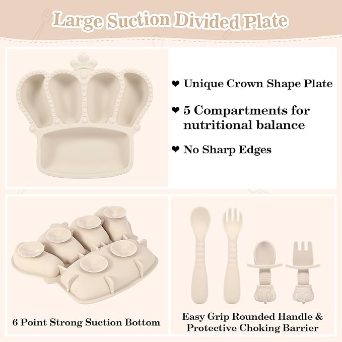 10 - Piece Beige Baby Silicone Tableware Set: Safe and Multifunctional, Meeting All Baby Feeding Needs