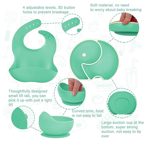 Mint Green Baby Silicone Tableware Set: Safe and Soft, Helping Babies Eat Easily