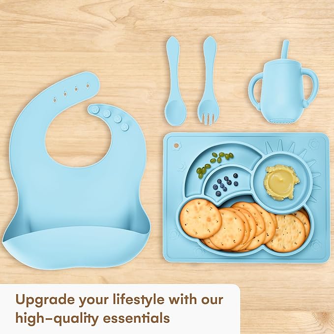 Blue Silicone Baby Feeding 5 - Piece Set: Safe Material, Considerate Design, Facilitate Easy Feeding