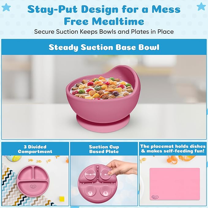 Pink Baby Silicone Tableware Set: Safe and Spill - Proof, Helping Babies Eat Easily