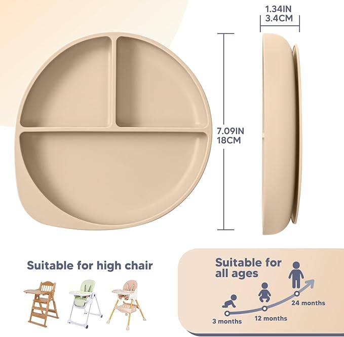 Beige Three - Compartment Silicone Plate: Safe, Slip - Resistant and Easy to Clean, Aiding Babies in Healthy Meal Partitioning