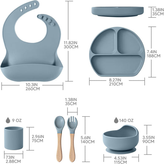 Gray - Blue Baby Silicone Tableware Set: Safe and Spill - Proof, Aiding Babies in Healthy Eating
