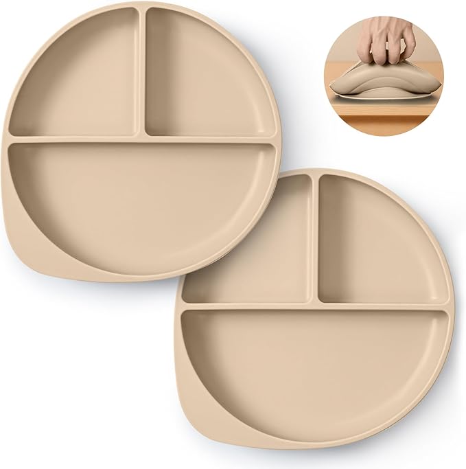 Beige Three - Compartment Silicone Plate: Safe, Slip - Resistant and Easy to Clean, Aiding Babies in Healthy Meal Partitioning