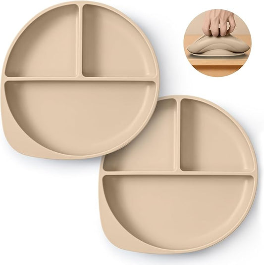 Beige Three - Compartment Silicone Plate: Safe, Slip - Resistant and Easy to Clean, Aiding Babies in Healthy Meal Partitioning