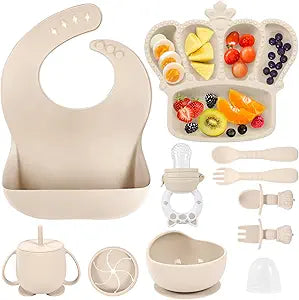 10 - Piece Beige Baby Silicone Tableware Set: Safe and Multifunctional, Meeting All Baby Feeding Needs