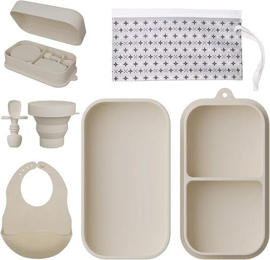 Beige Silicone Baby Tableware Set: Safe, Leak - Proof and Easy to Clean, Helping Babies Eat Easily