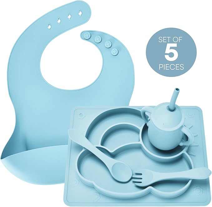 Blue Silicone Baby Feeding 5 - Piece Set: Safe Material, Considerate Design, Facilitate Easy Feeding