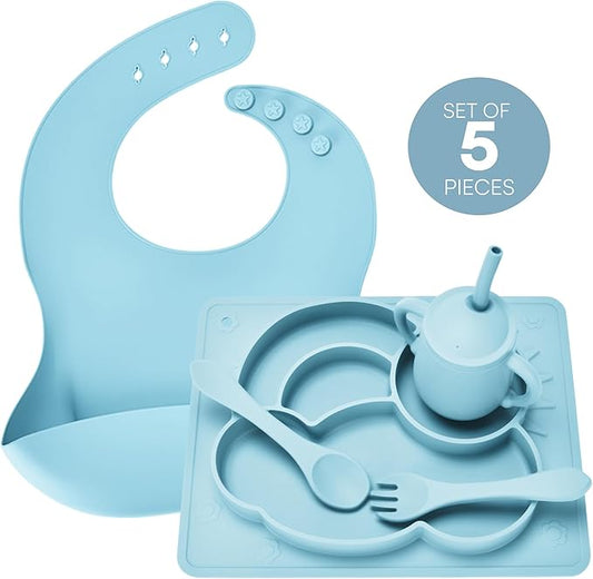 Blue Silicone Baby Feeding 5 - Piece Set: Safe Material, Considerate Design, Facilitate Easy Feeding