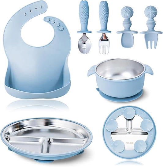 Light Blue Baby Silicone Tableware Set: Safe and Slip - Resistant, Helping Babies Enjoy Meals Happily