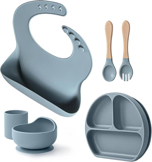 Gray - Blue Baby Silicone Tableware Set: Safe and Spill - Proof, Aiding Babies in Healthy Eating