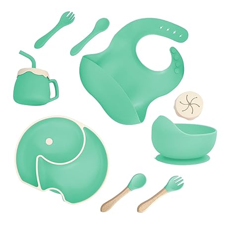 Mint Green Baby Silicone Tableware Set: Safe and Soft, Helping Babies Eat Easily