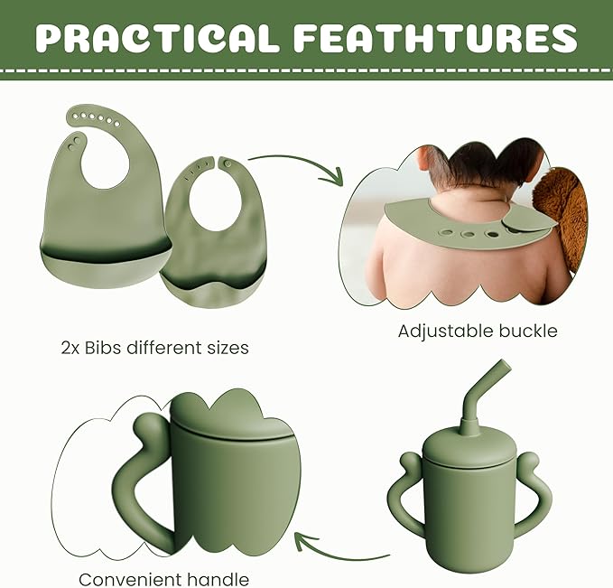 Olive Green Baby Silicone Tableware Set: Safe and Slip - Resistant, Aiding Babies in Independent Eating