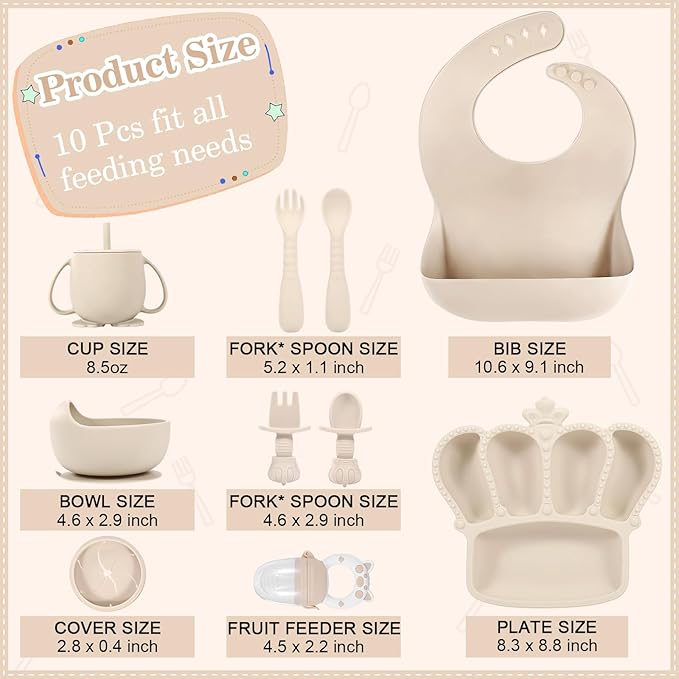 10 - Piece Beige Baby Silicone Tableware Set: Safe and Multifunctional, Meeting All Baby Feeding Needs