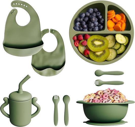 Olive Green Baby Silicone Tableware Set: Safe and Slip - Resistant, Aiding Babies in Independent Eating