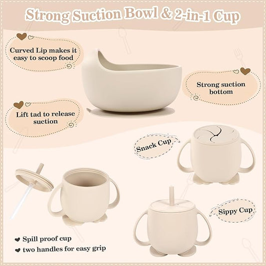 10 - Piece Beige Baby Silicone Tableware Set: Safe and Multifunctional, Meeting All Baby Feeding Needs