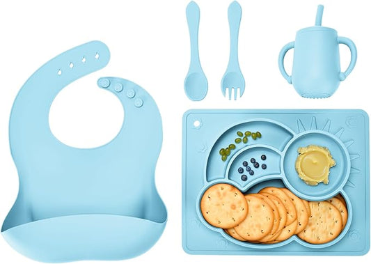 Blue Silicone Baby Feeding 5 - Piece Set: Safe Material, Considerate Design, Facilitate Easy Feeding
