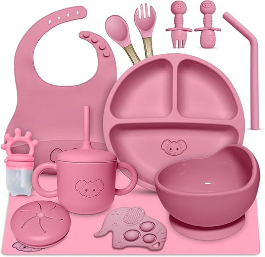 Pink Baby Silicone Tableware Set: Safe and Spill - Proof, Helping Babies Eat Easily
